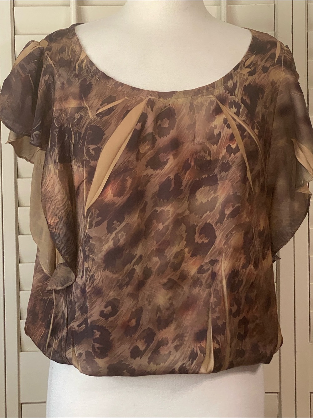 Covington Brown Leopard Print Sheer Flutter Sleeve Blouse